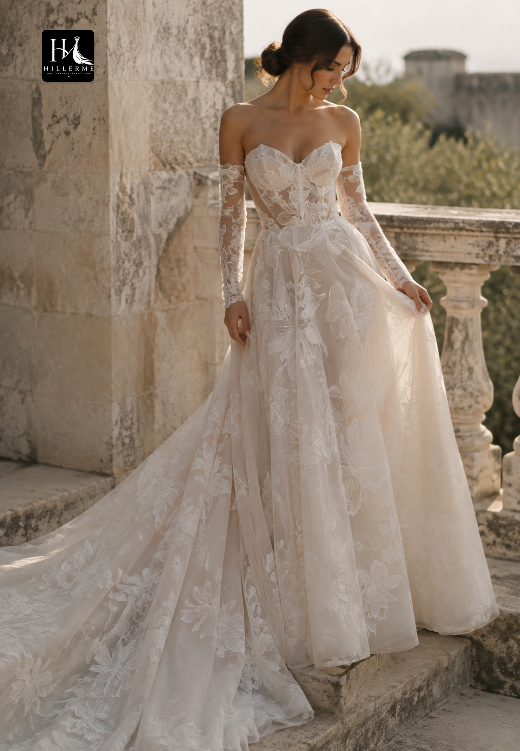 Sweetheart Neckline Off-Shoulder Jacquard Tulle A-Line Bridal Gown with Train