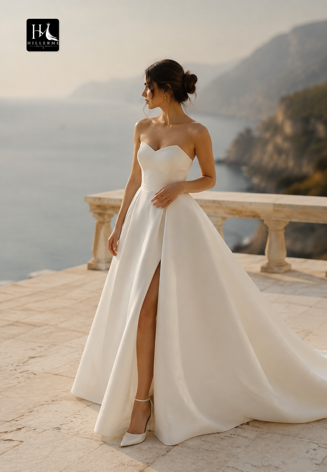 Sleeveless Satin A-Line Wedding Dress with V-Neck, Off-Shoulder Design, High Slit and Train