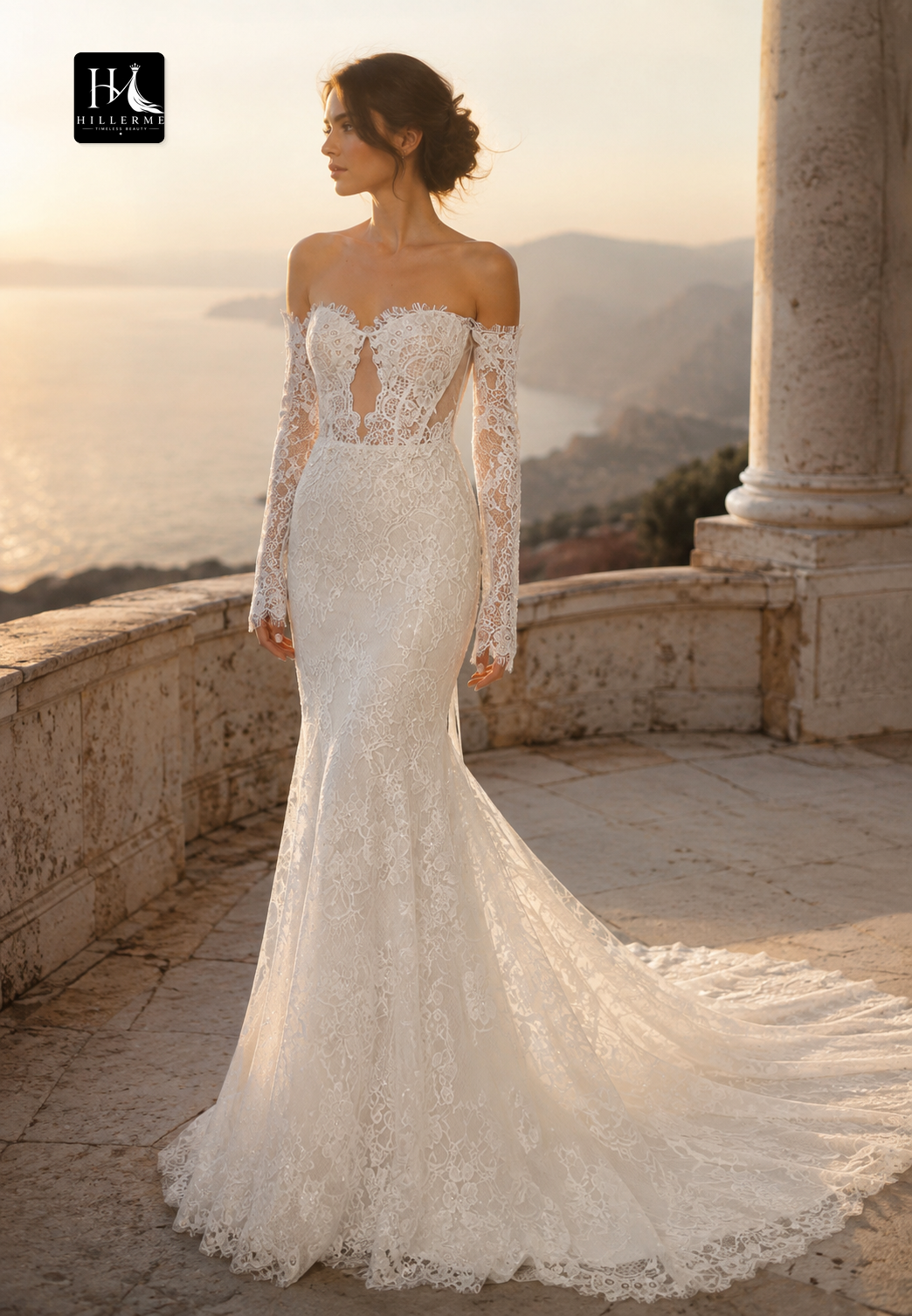 Sweetheart Off-Shoulder Long Sleeves Mermaid Wedding Dress with Allover Lace and Train