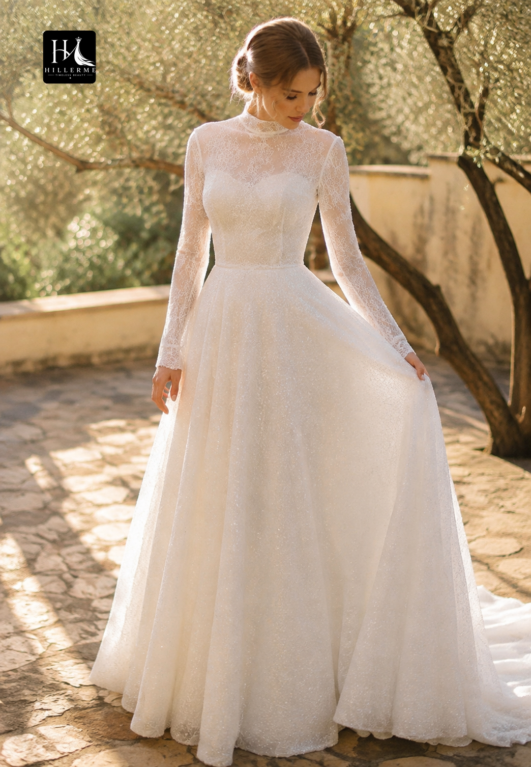 High-Neck Long-Sleeve Sequined Beaded Tulle A-Line Wedding Dress with Train