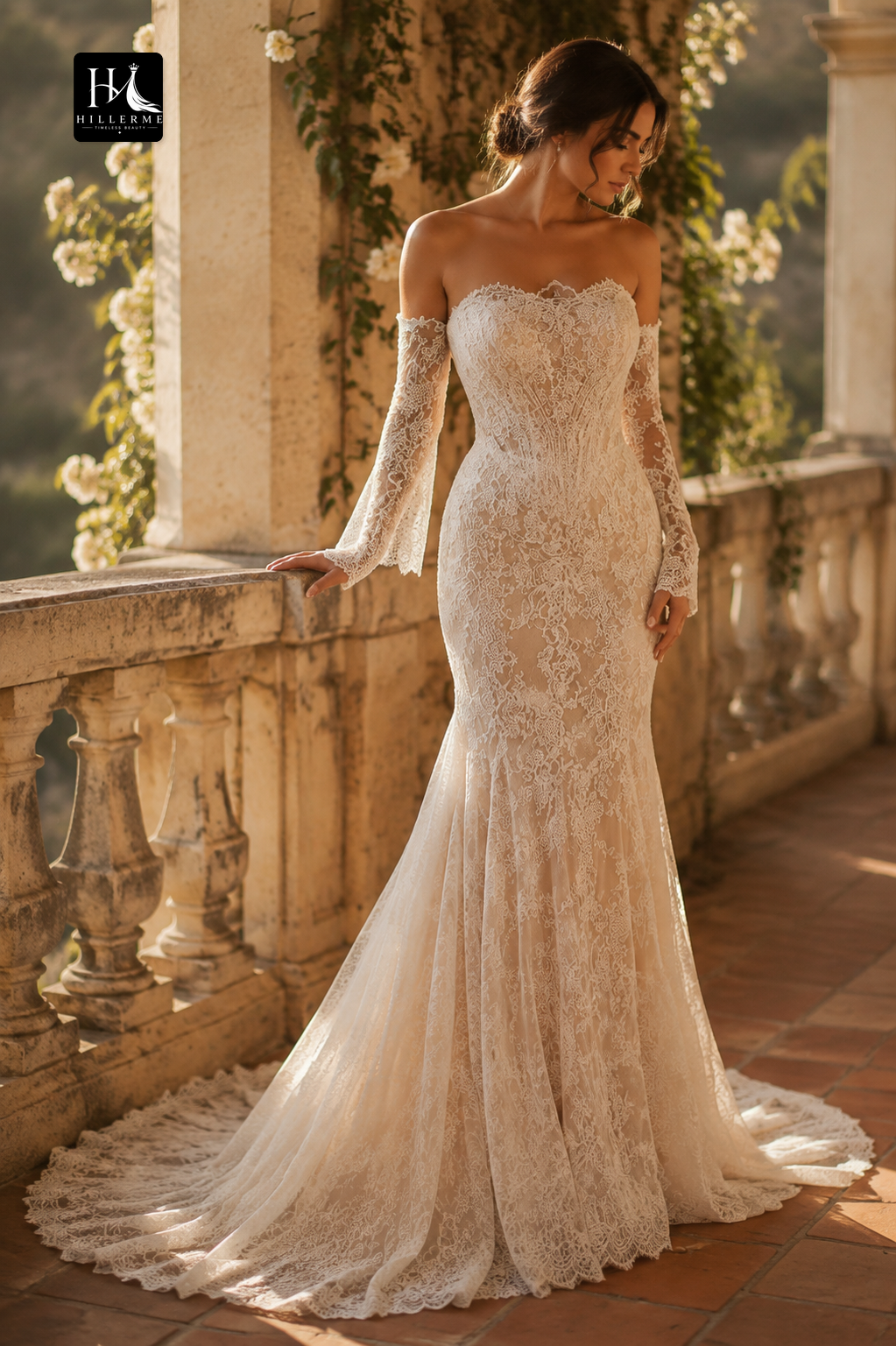 Sequined Beaded Appliqué Tulle Mermaid Wedding Dress with Tube Top and Long Sleeves
