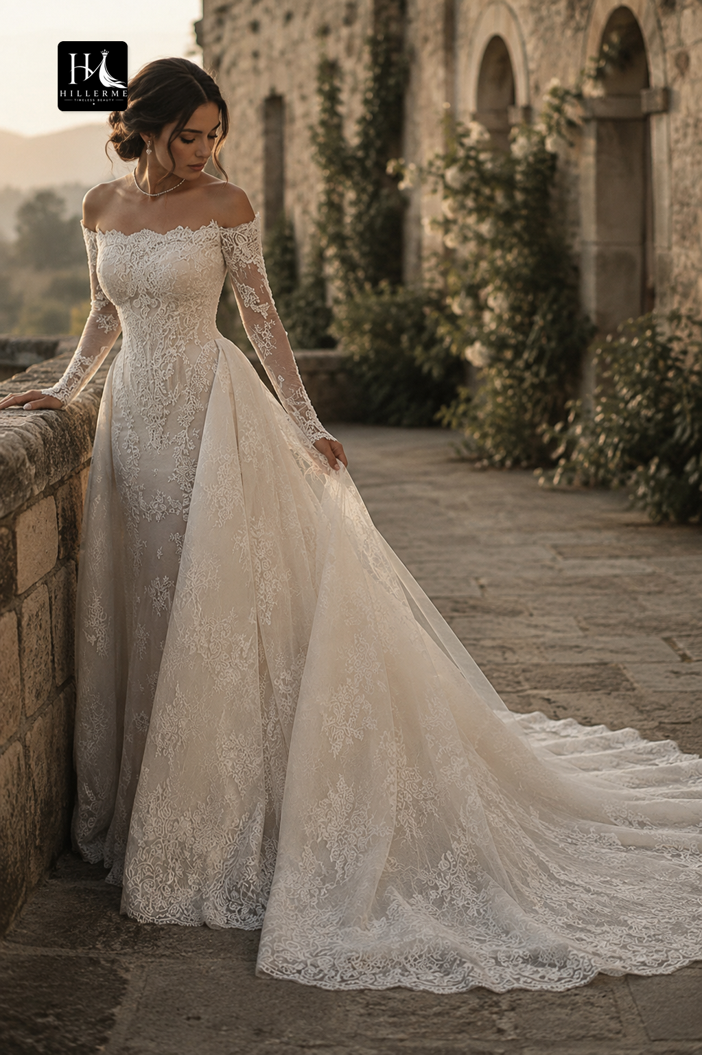 Beaded Appliqué Tulle Mermaid Wedding Dress with Bateau Neckline and Long Sleeves