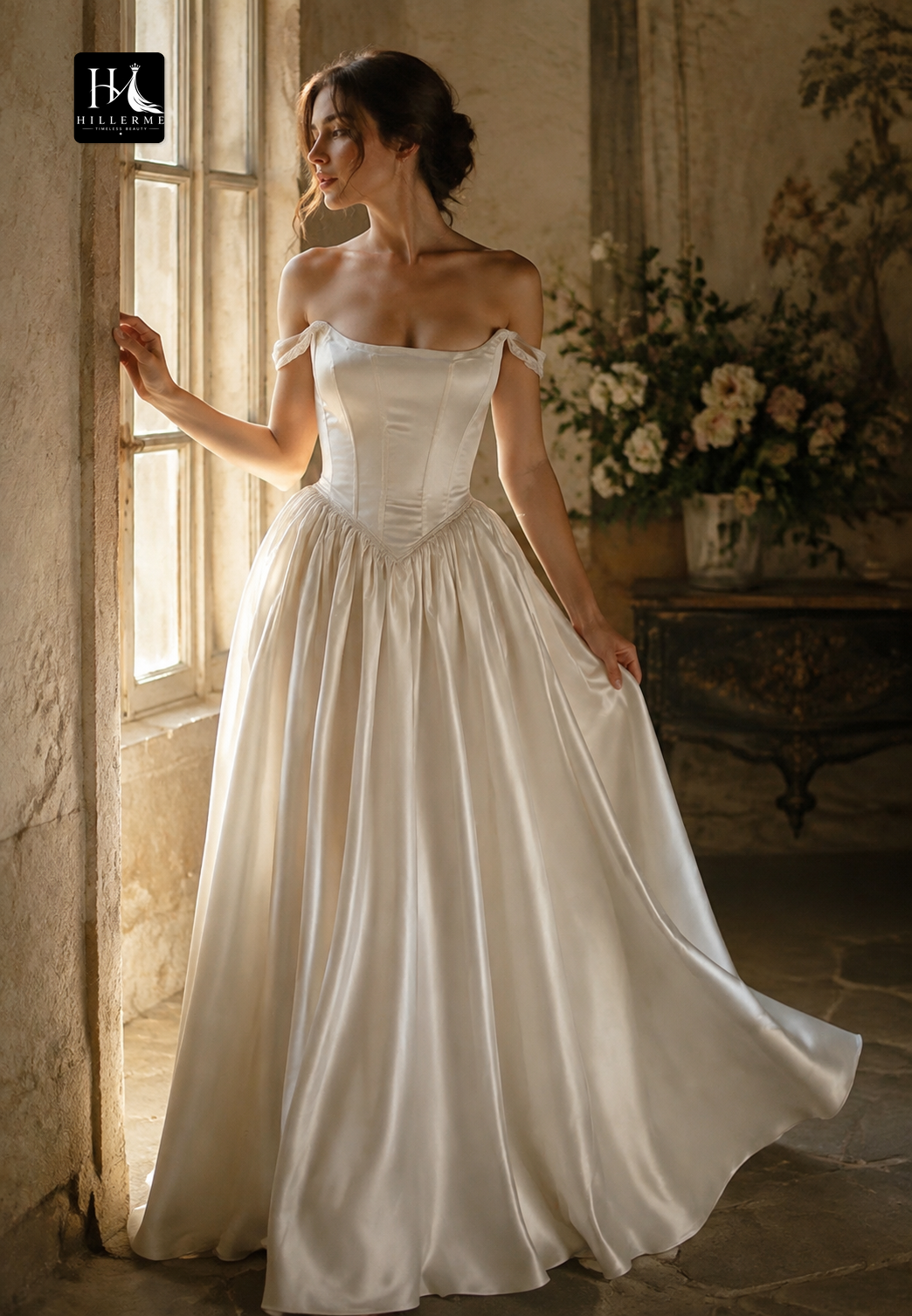 Sleeveless Off-Shoulder A-Line Floor-Length Satin Pleated Bateau-Neck Wedding Dress