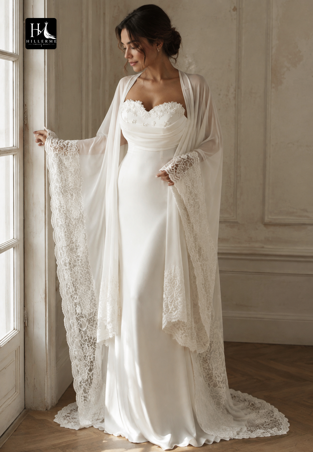 Ivory Lace-Overlay Mermaid Wedding Dress with Sequined Chiffon Fitted Bodice and Sweetheart Neckline