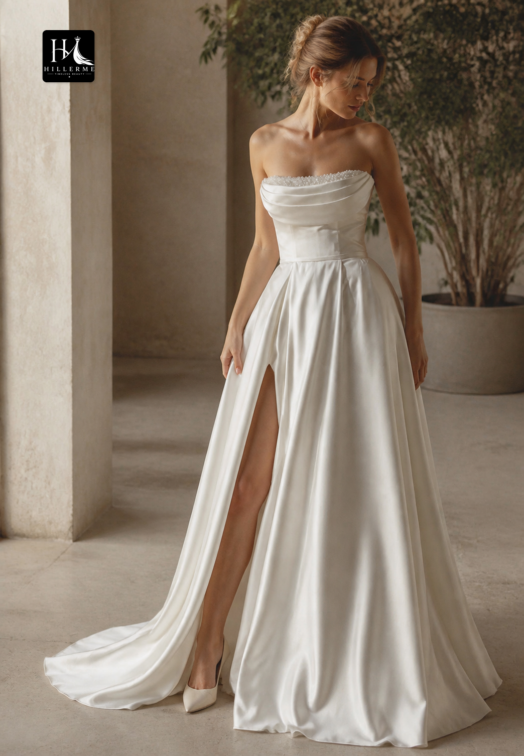 Sleek Beaded Tube Top Chiffon A-Line Wedding Dress with Pleated Details and Sweep Train