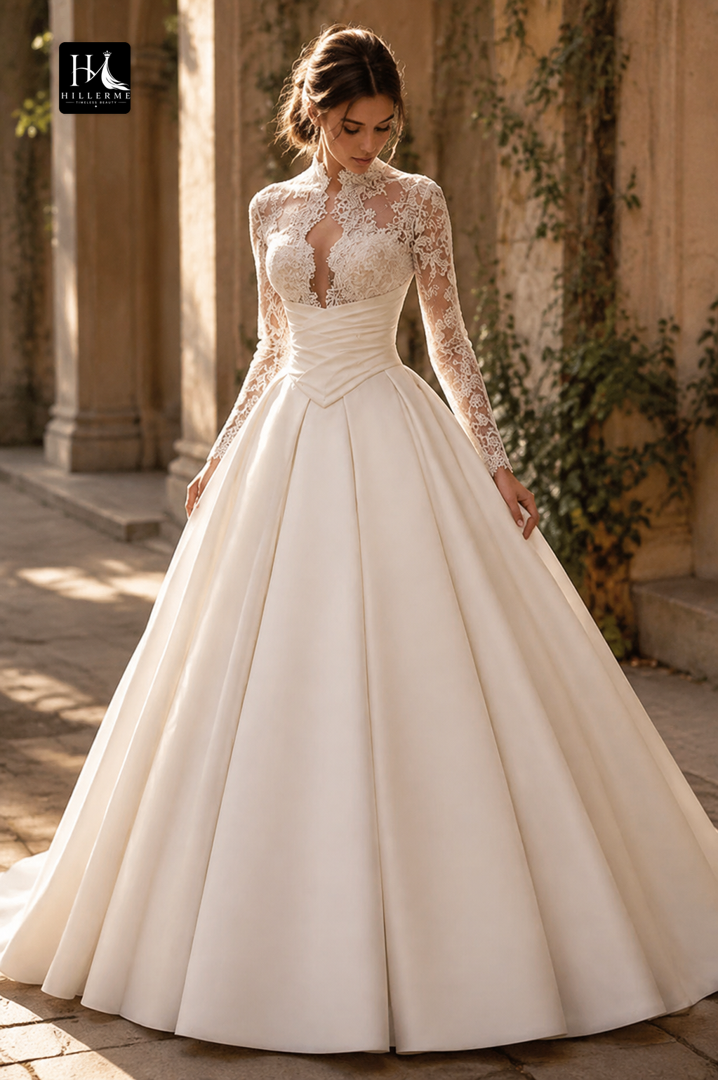 Illusion Plunge Long-Sleeve Lace & Satin A-Line Wedding Dress with Sheer Pleats