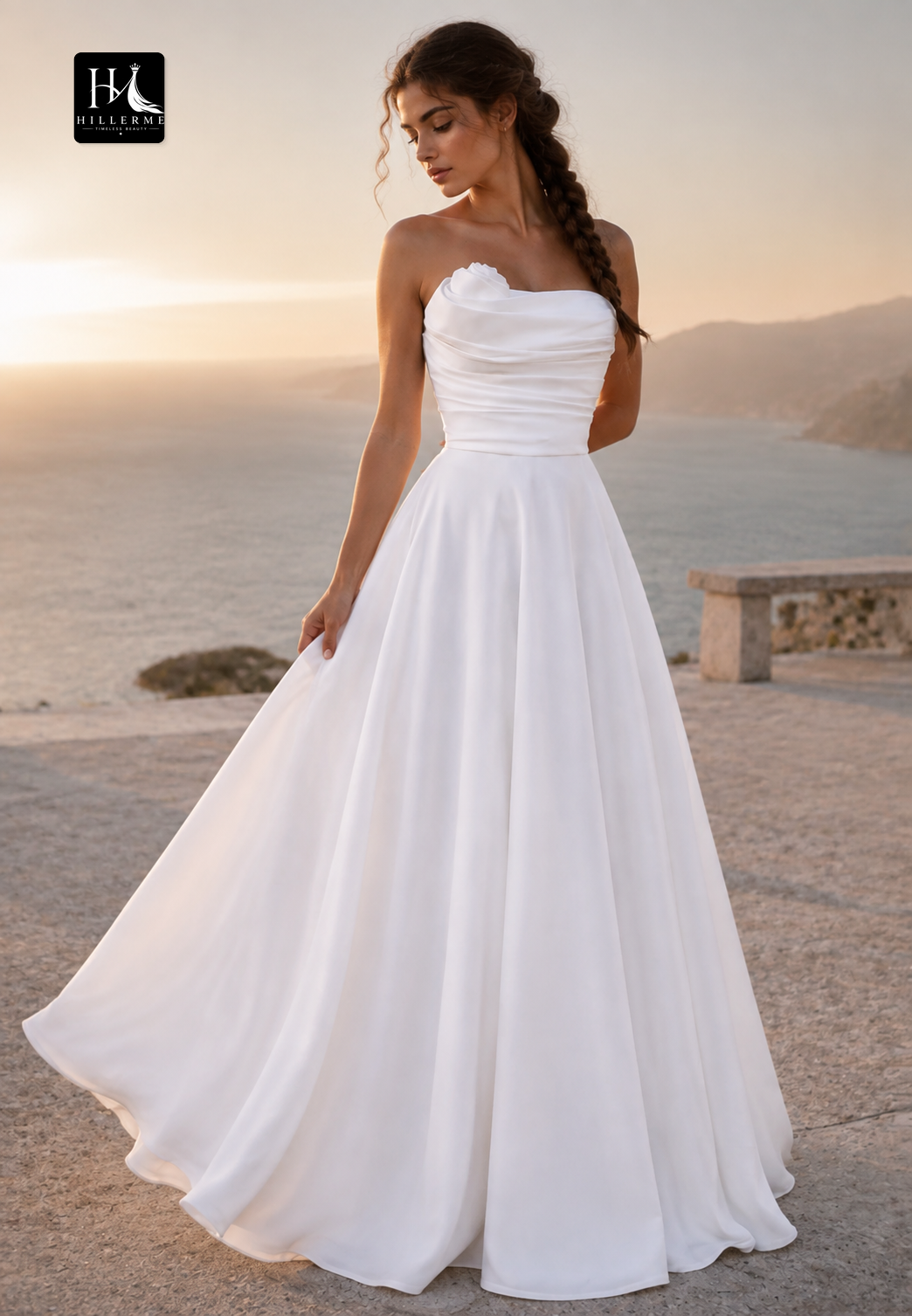 Sleeveless Off-Shoulder A-Line Wedding Dress with 3D Floral Satin and Sweep Train