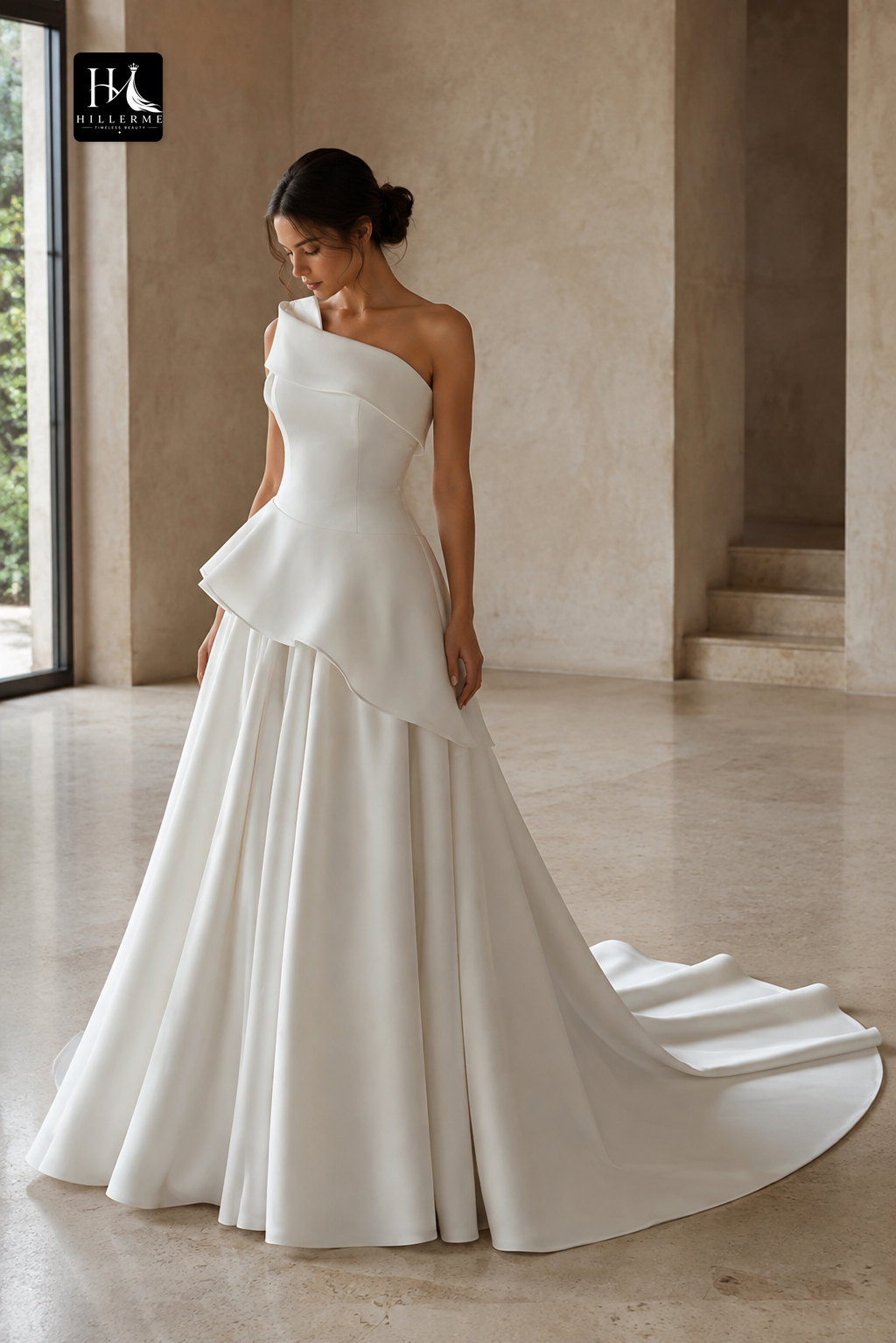 Sleeveless A-Line Satin Wedding Dress with Asymmetrical Off-Shoulder Neckline and Train