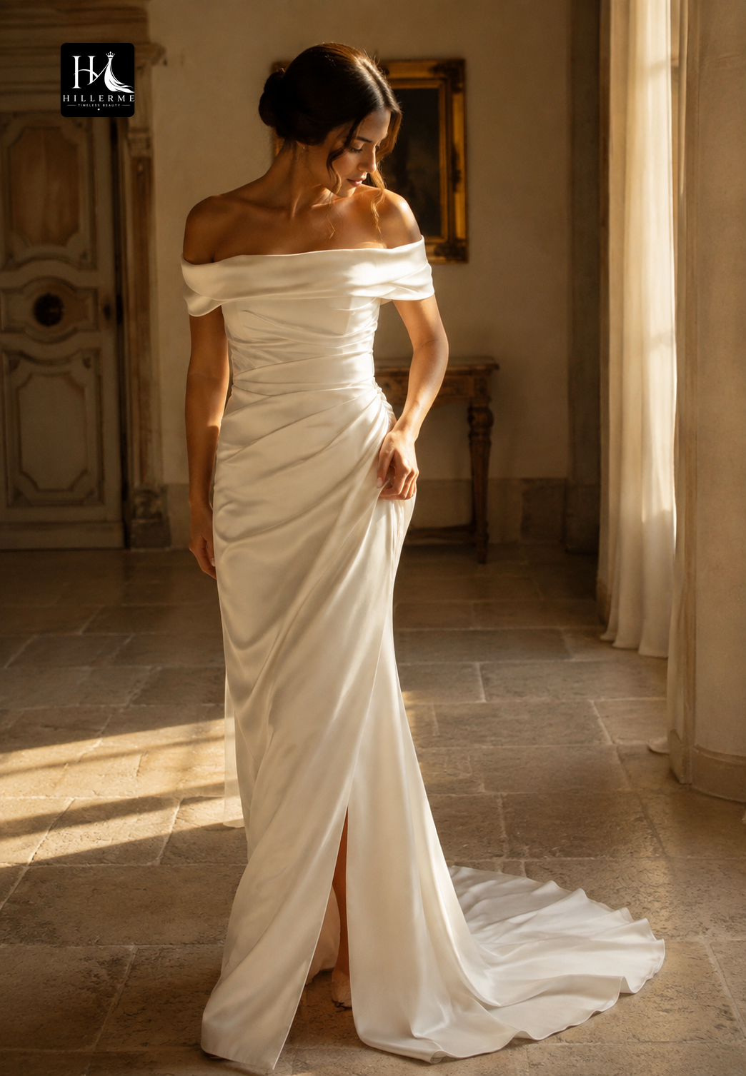Sleeveless Mermaid Wedding Dress with Bateau Neckline, Satin Pleats, High Slit and Sweep Train