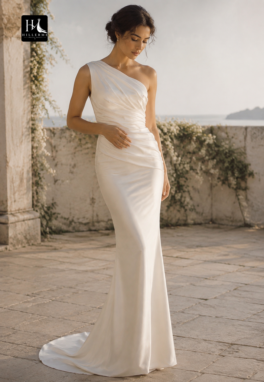 Asymmetrical-Neck One-Strap Sleeveless Satin Pleated Sweep Train Mermaid Wedding Dress