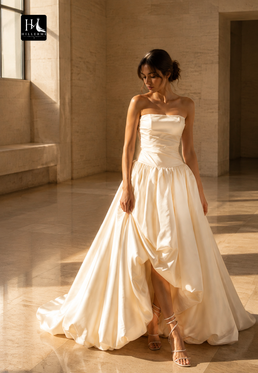 Sleek Satin Pleated A-Line Wedding Dress with Tube Top and Train