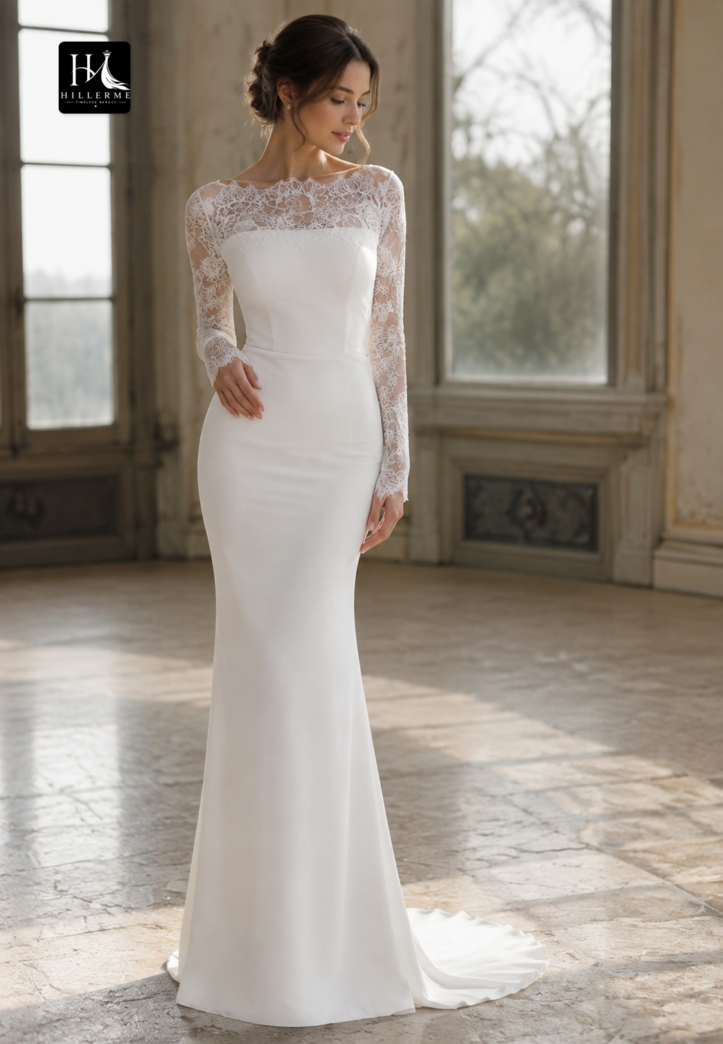 Bateau-Neck Long-Sleeve Satin and Lace Mermaid Bridal Gown with Sweep Train