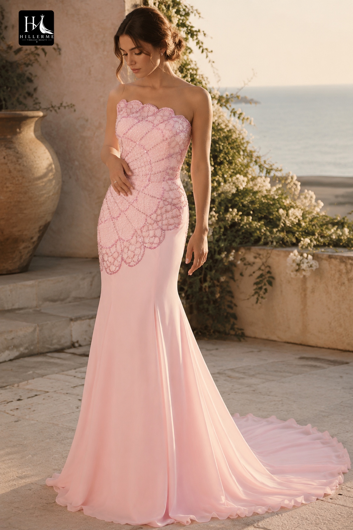Sleeveless Mermaid Formal Prom Dress with Asymmetrical Neckline and Sequined Beading
