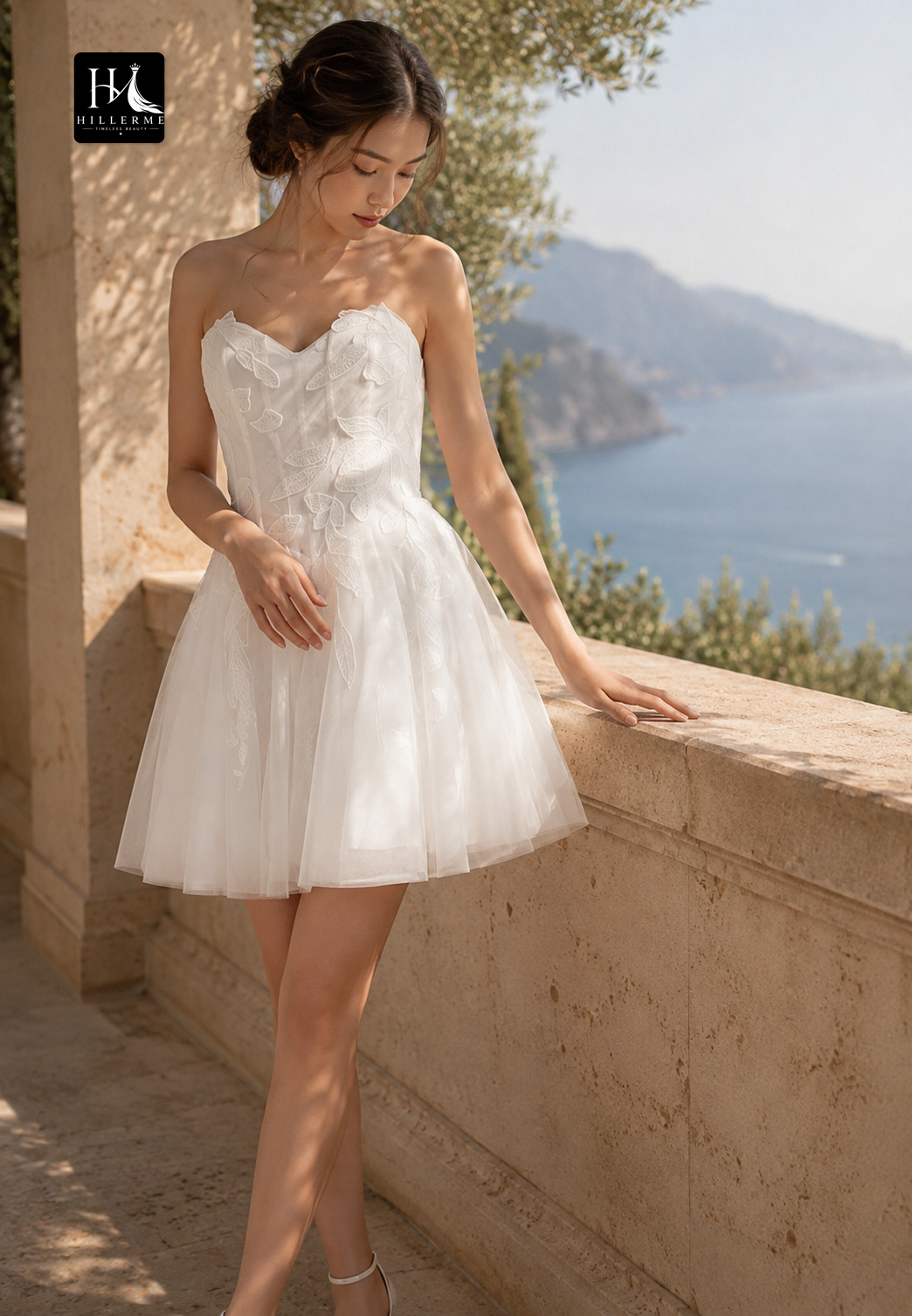 Sweetheart Off-Shoulder Sleeveless Applique Tulle Pleated Beach Short A-Line Wedding Dress