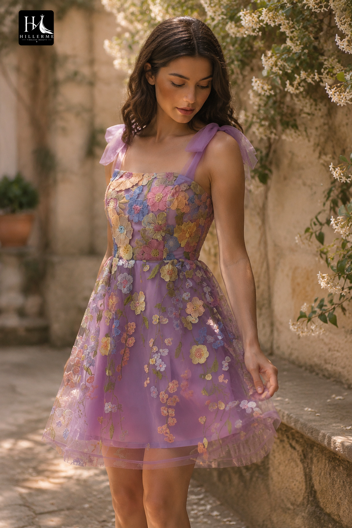 Pastel Floral Embroidered Tulle Mini Dress with Bow-Tie Straps
