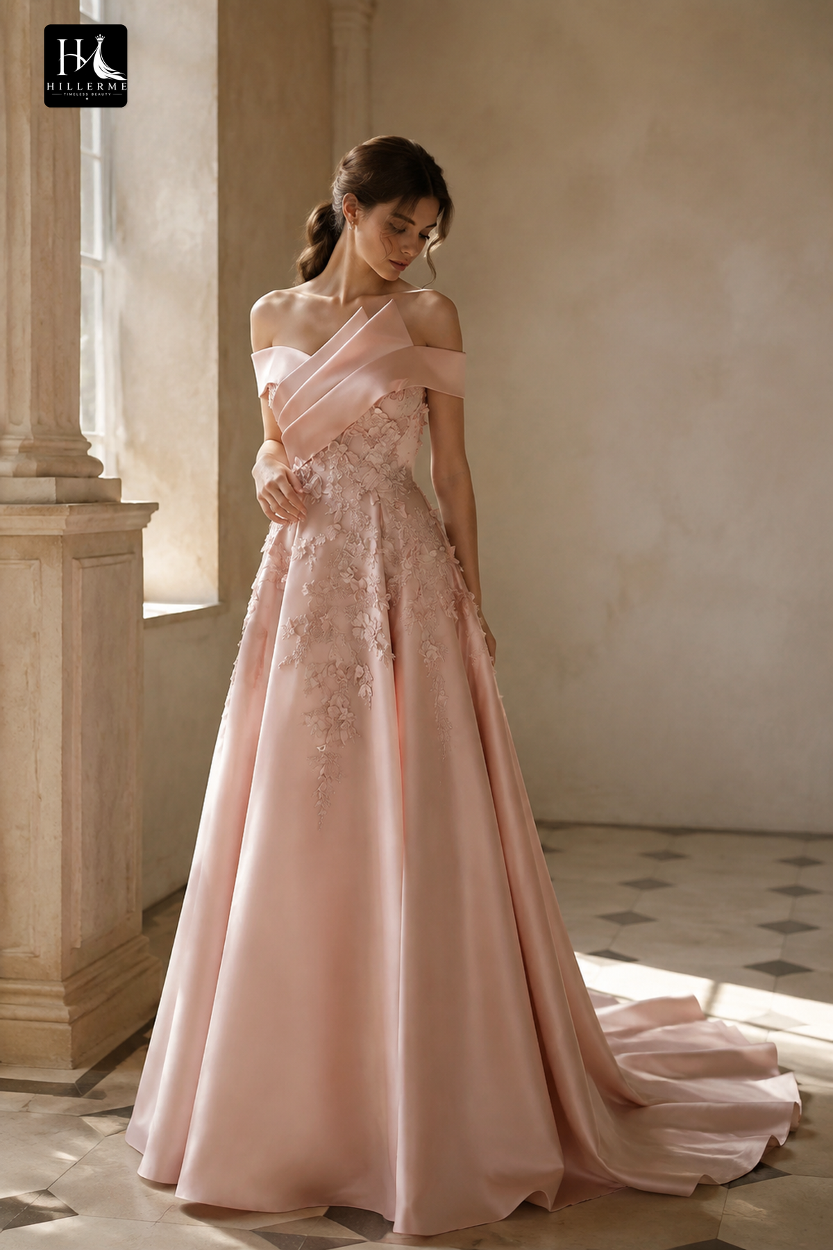 Asymmetrical-Neck 3D Floral Applique Sequined Satin Pleated A-Line Formal Prom Dress