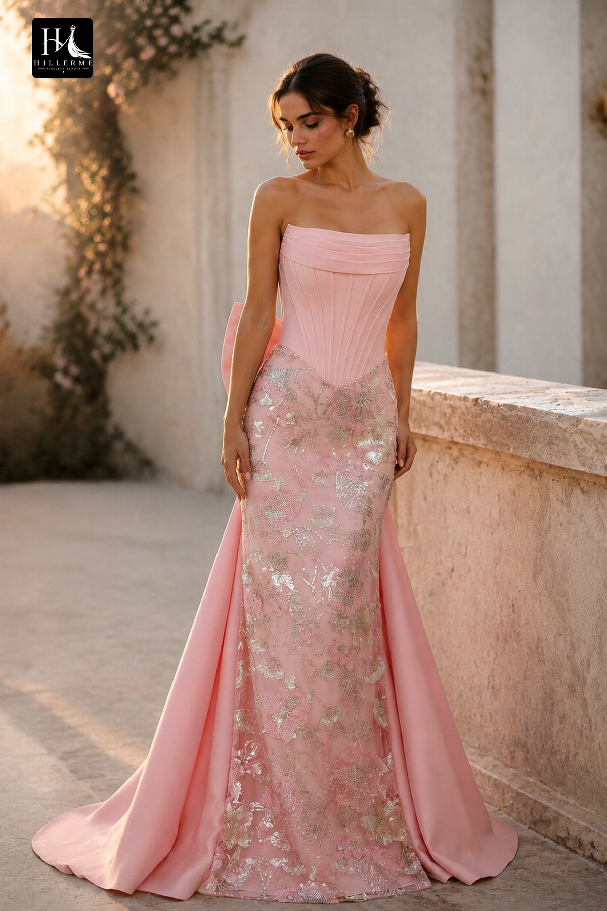 Sleek Strapless Mermaid Prom Dress with Sequined Appliqués and Satin Ruching