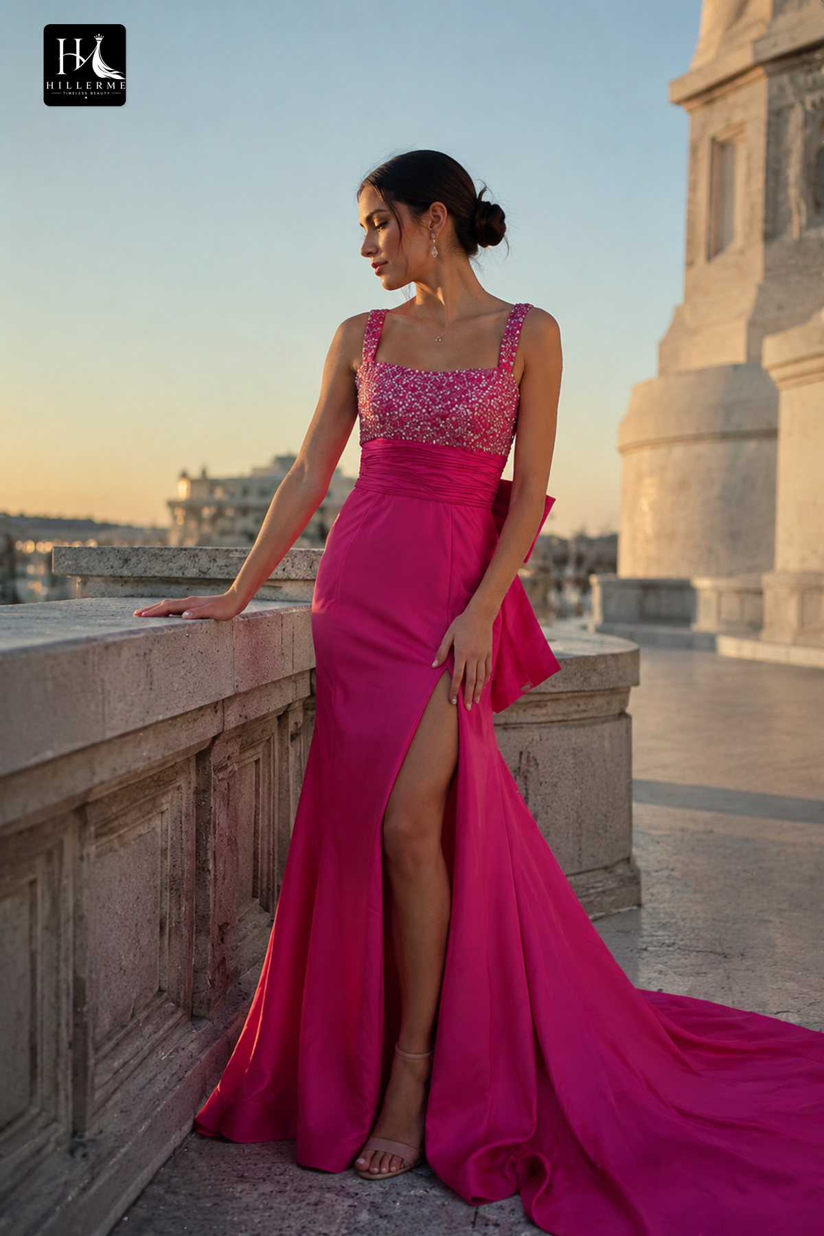 Square-Neck Spaghetti Strap Beaded Satin Pleated Mermaid Prom Dress with High Slit