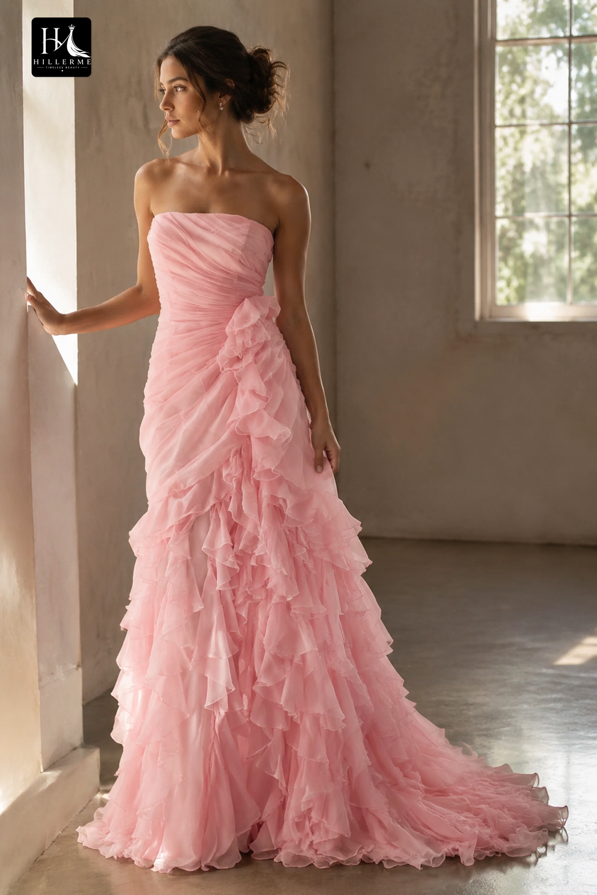 Sleeveless Chiffon Mermaid Formal Prom Dress with Ruffled Tiered Pleating and Sweep Train