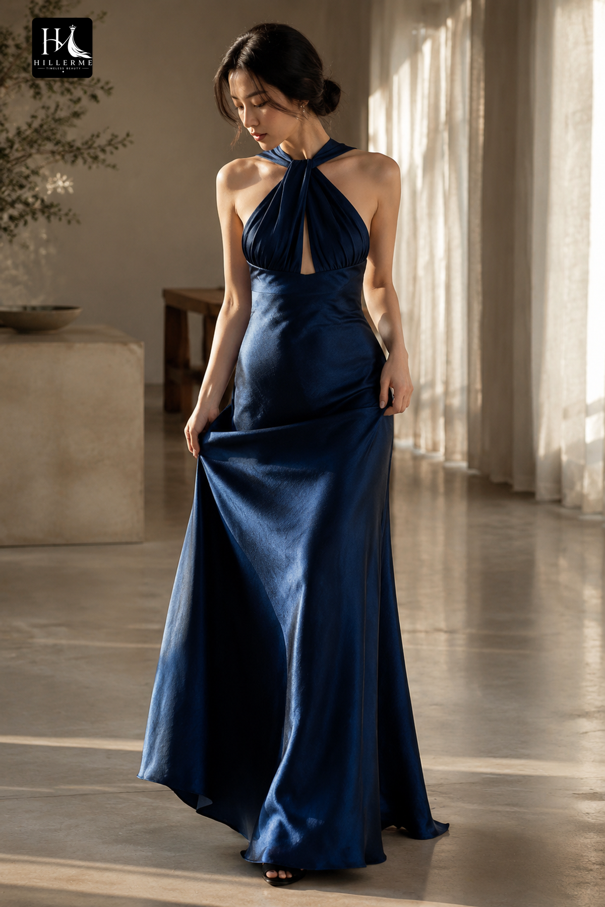 Sleeveless Off-Shoulder Halter Mermaid Floor-Length Prom Dress in Satin with Pleated Detailing