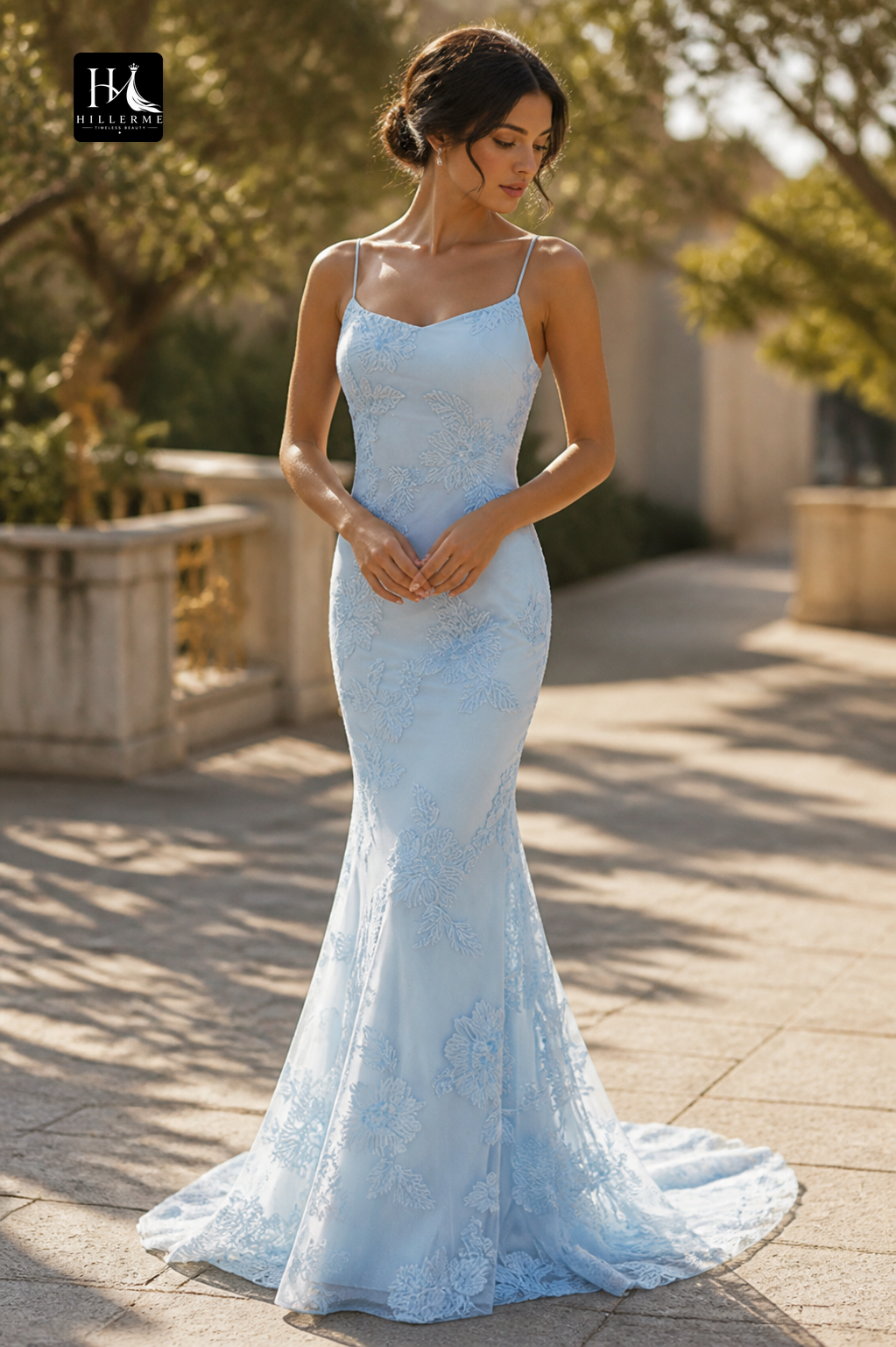 Sleeveless Bateau-Neck Prom Dress with Spaghetti Straps, Jacquard Tulle Pleats and Sweep Train