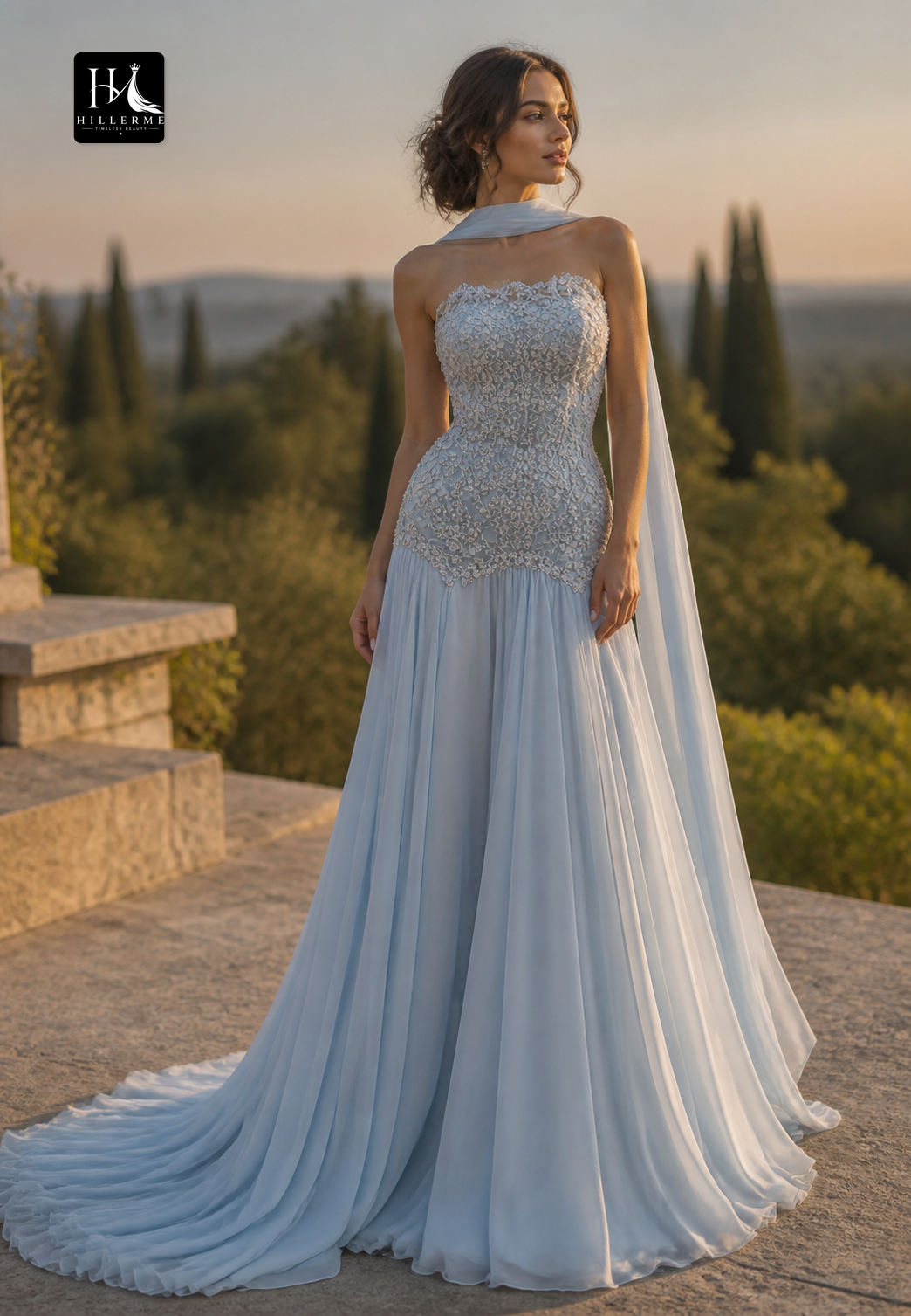 Sleeveless Tube Top Prom Dress with Rhinestone Appliqués and Pleated Chiffon A-Line Silhouette