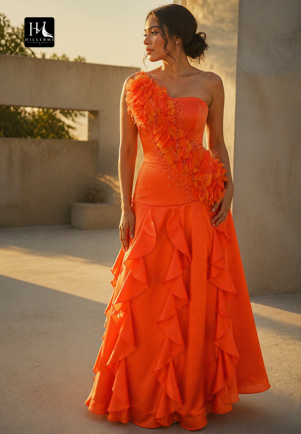 Sleeveless A-Line Prom Dress with 3D Floral Beading, Ruffled Satin Pleats and Floor-Length Silhouette