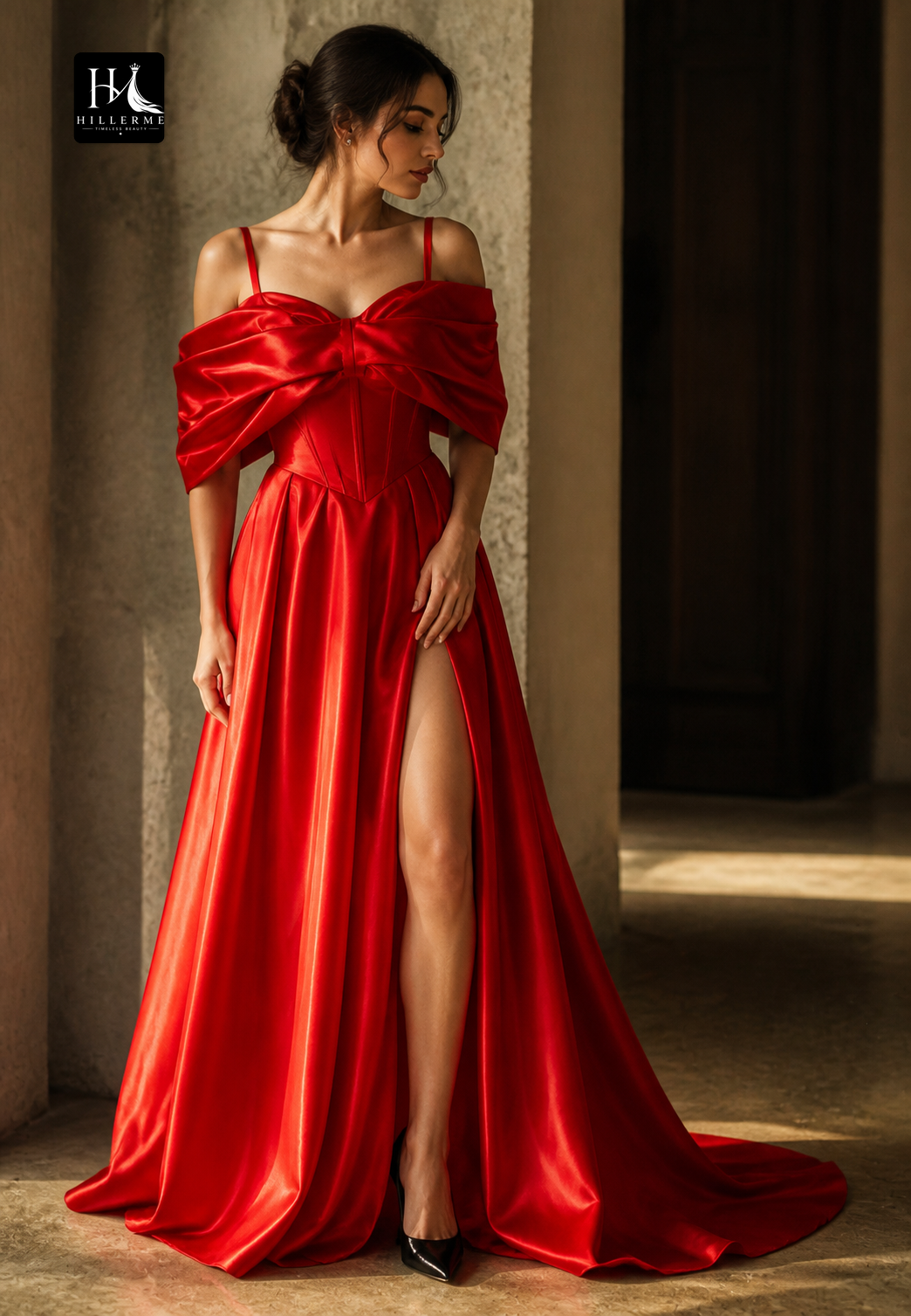 Sweetheart Off-Shoulder Satin Pleated A-Line Floor-Length Prom Dress with Spaghetti Straps and High Slit