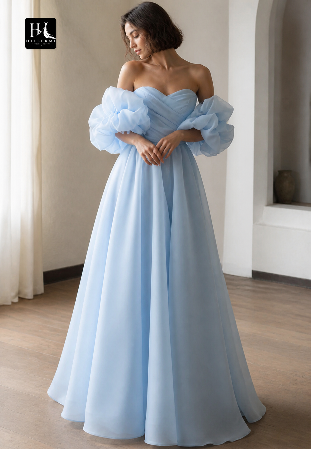 Sweetheart Off-Shoulder Puff-Sleeve Chiffon A-Line Prom Dress with High Slit and Pleated Detailing