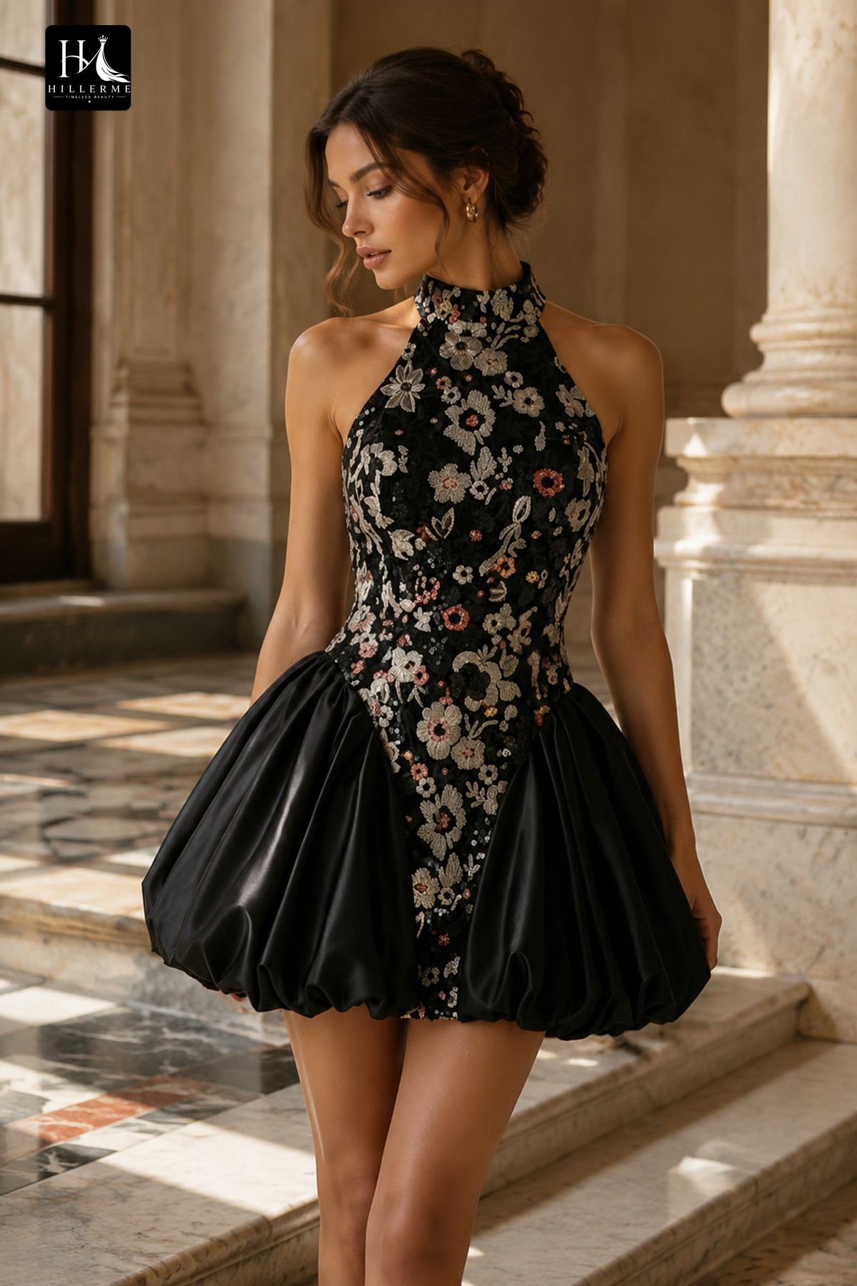 Vibrant Floral Embellished Halter Mini Dress with Bubble Skirt