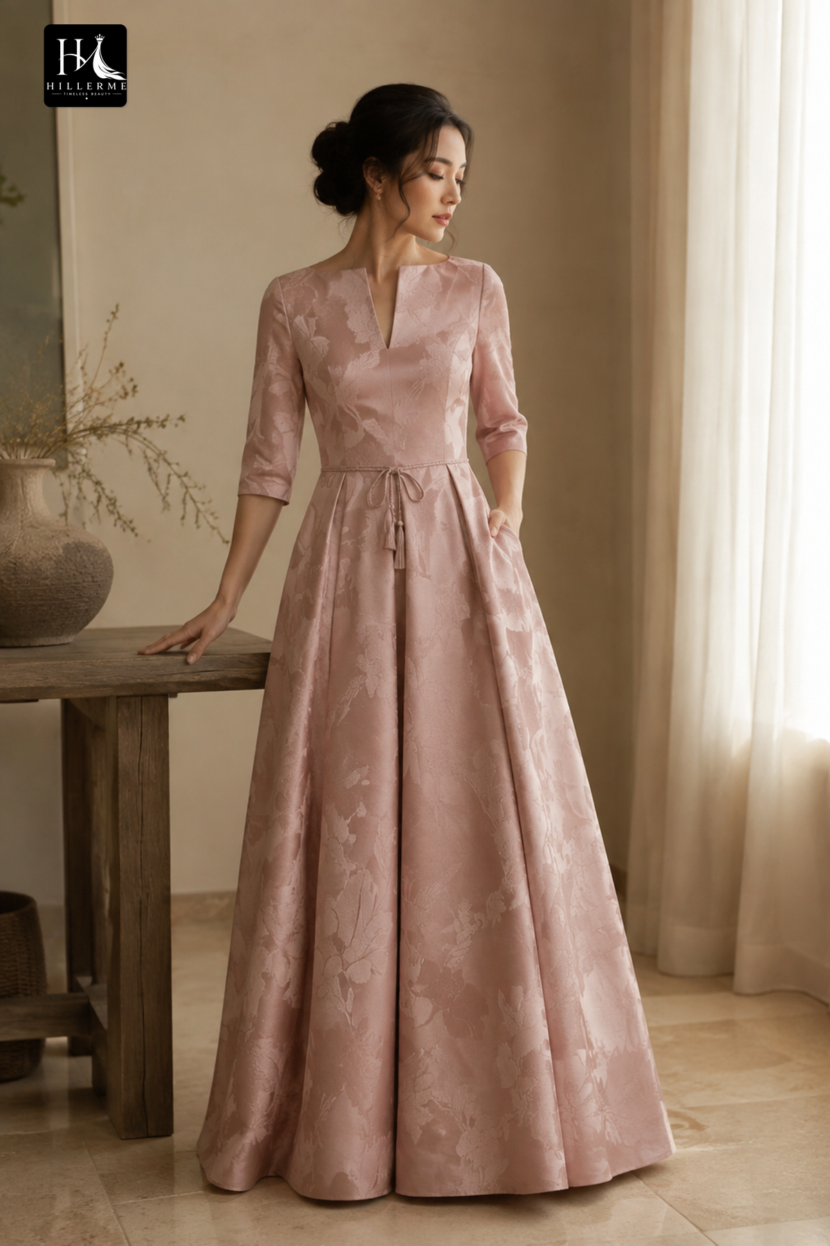 Dusty Rose Jacquard A-Line Gown with 3/4 Sleeves and Belt Detail