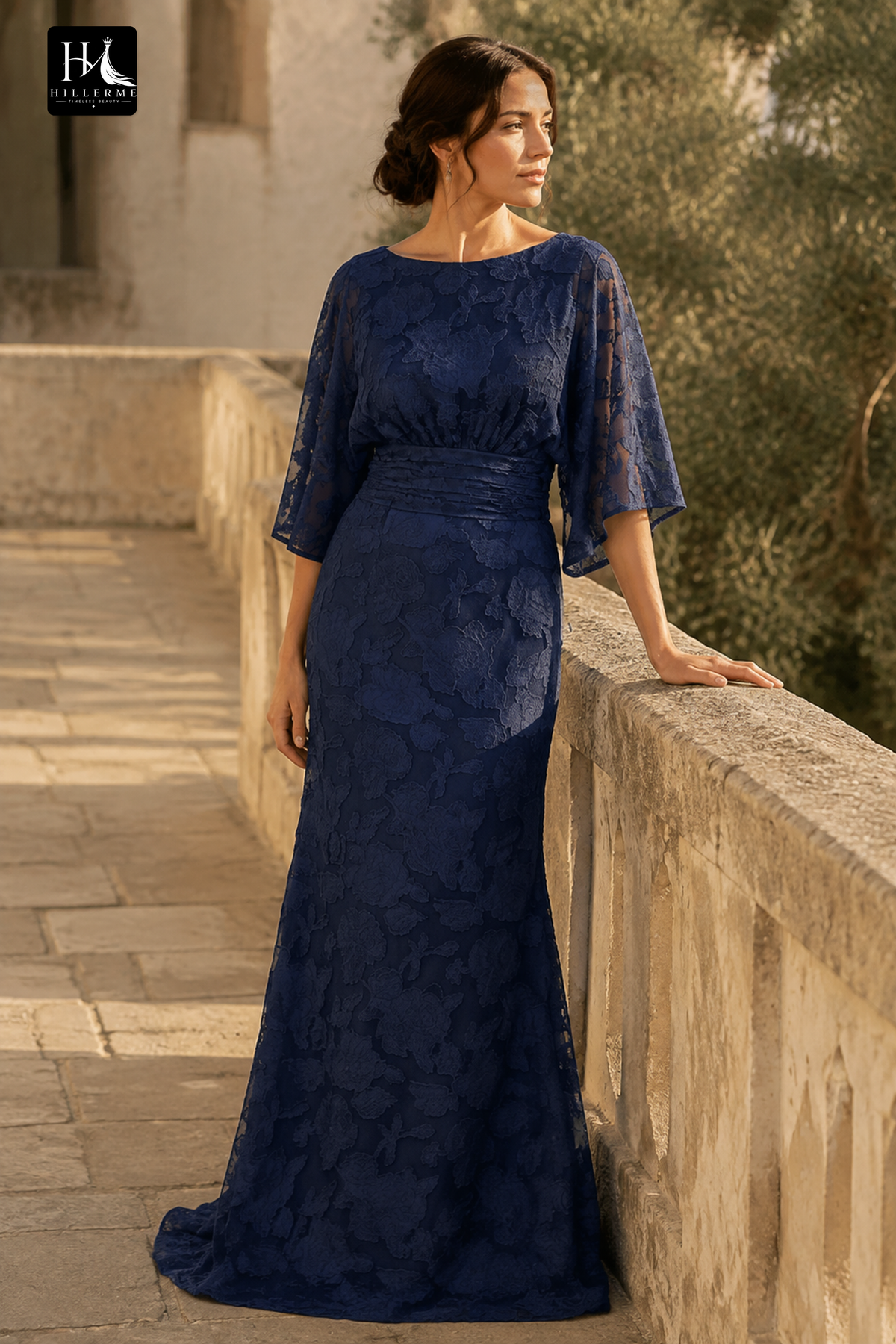 Navy Blue Floral Lace Mermaid Gown with Flutter Sleeves