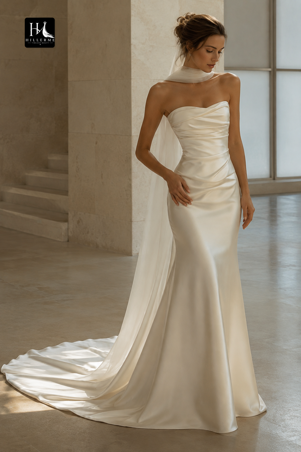 Sleeveless Mermaid Wedding Dress with Sweetheart Neckline, Off-Shoulder Detailing, and Satin Pleated Bodice