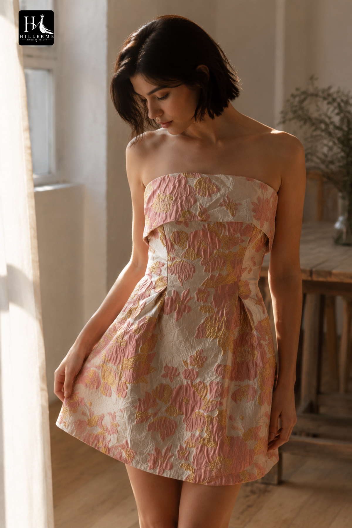 Strapless Foldover Metallic Floral Jacquard Mini Dress