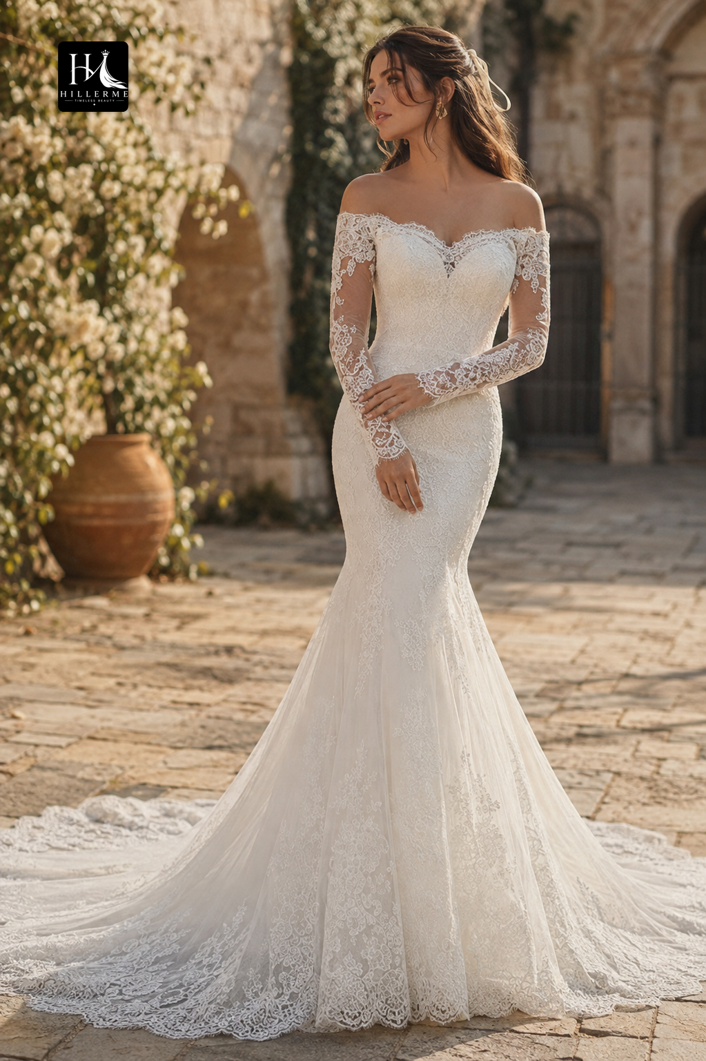 Sweetheart Mermaid Wedding Dress with Beaded Lace Appliqués, Long Sleeves and Train