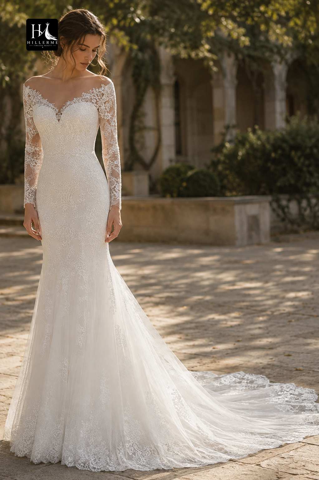 V-Neck Long-Sleeve Tulle Trumpet Mermaid Wedding Dress with Lace Appliqués and Train