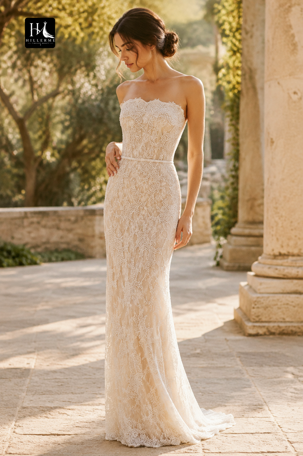 Strapless Tulle Mermaid Wedding Dress with Allover Lace Appliqués and Floor-Length Silhouette