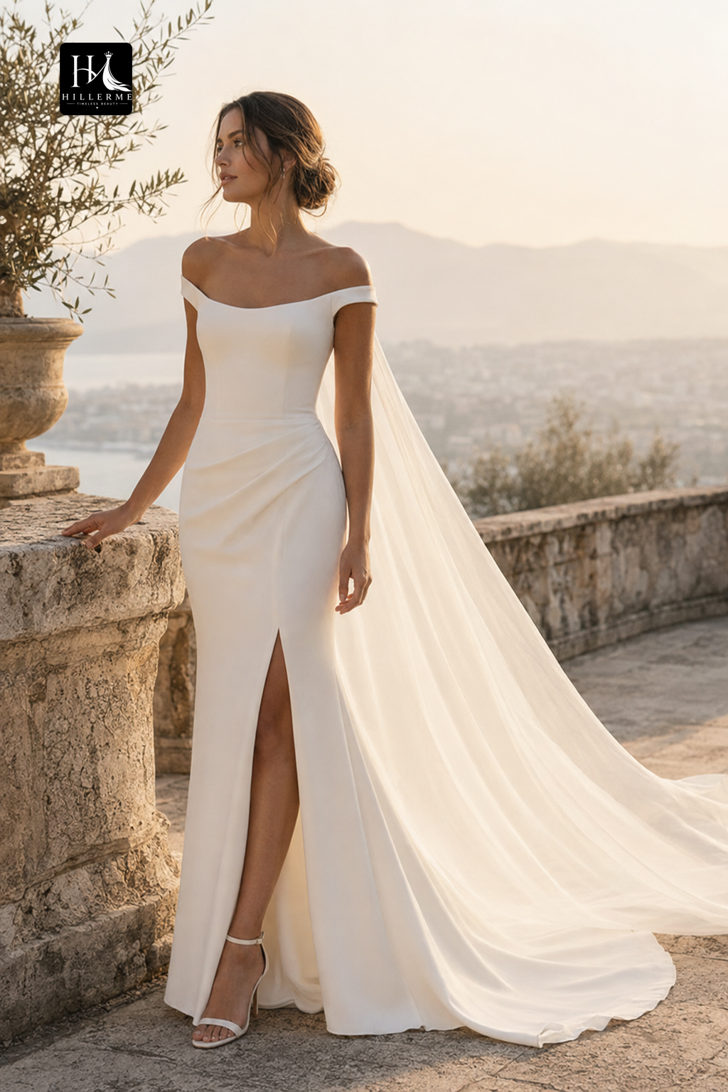 Sleek Off-Shoulder Bateau-Neck Satin Mermaid Floor-Length Wedding Dress