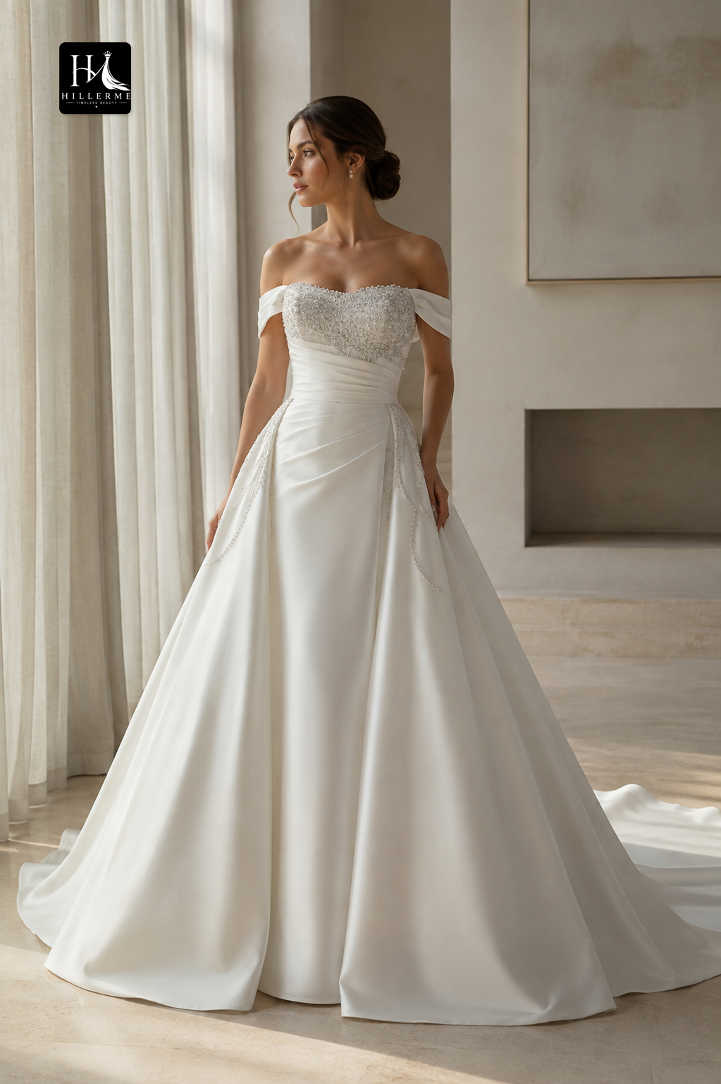 Sleeveless Beaded Satin A-Line Wedding Dress with Sweetheart Neckline and Train