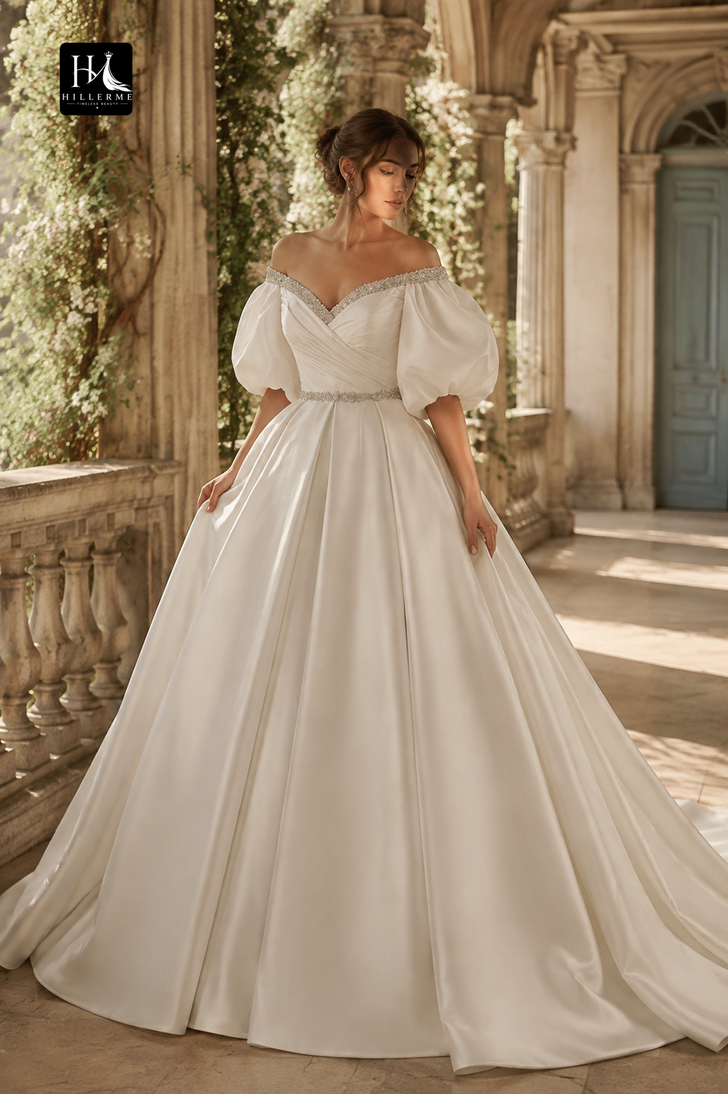 Pleated A-Line Beaded Satin Wedding Dress with V-Neck, Off-Shoulder Puff Sleeves and Train