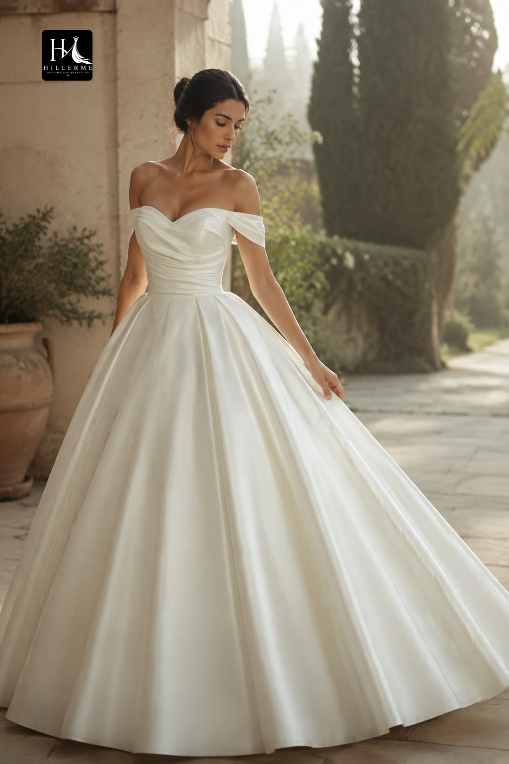 Satin Pleated Mermaid Wedding Dress with Sweetheart Off-Shoulder Neckline and Train