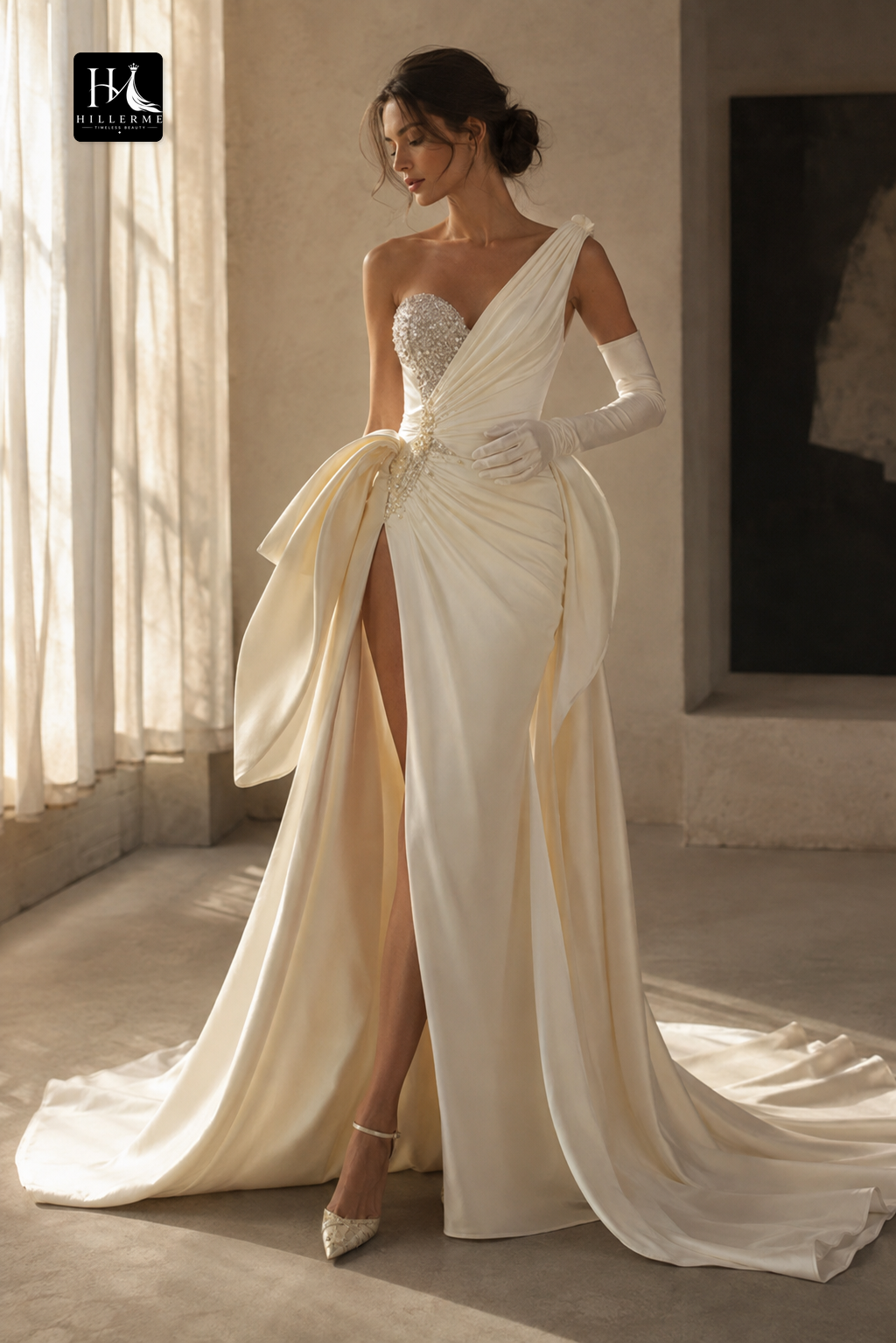 Asymmetrical-Neck Beaded Sequined Satin Mermaid Wedding Dress with Gloves