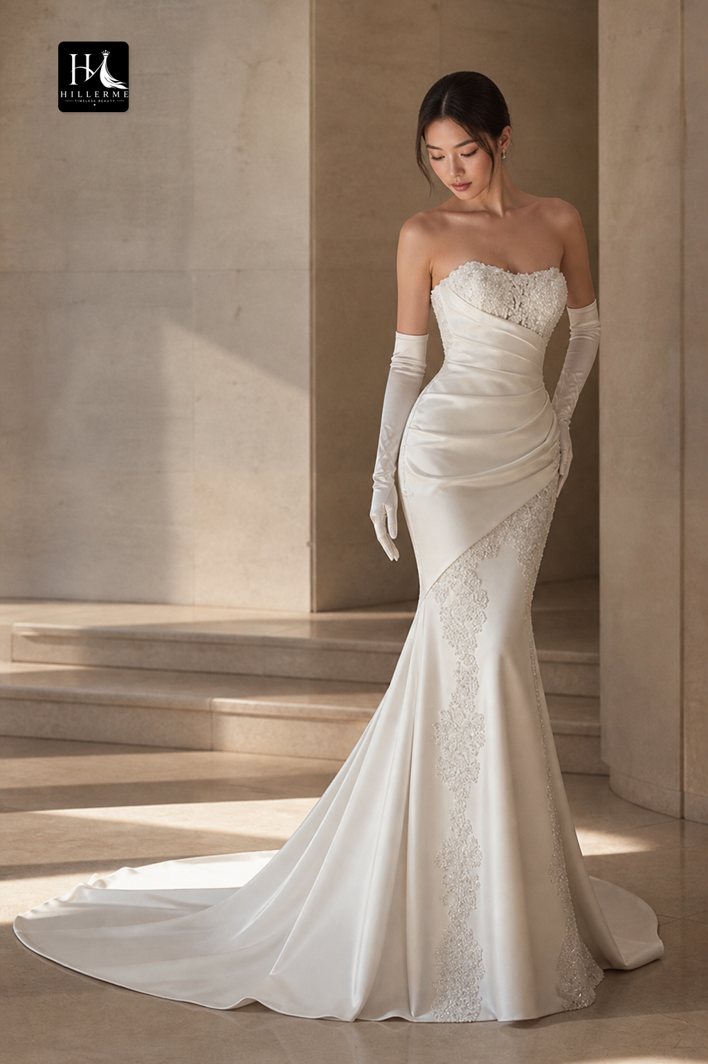 Satin Mermaid Wedding Dress with Sequined Appliqués, Sweetheart Neckline, Pleated Train and Gloves
