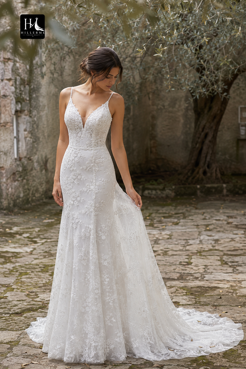 Allover Lace Appliqué Tulle Mermaid Wedding Dress with Deep V-Neck and Spaghetti Straps