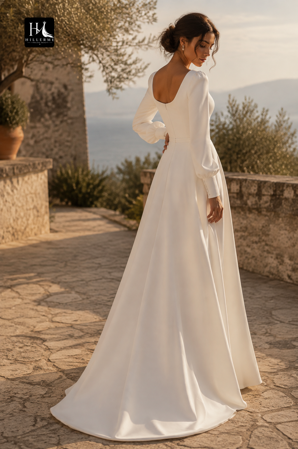 Square-Neck Chiffon A-Line Wedding Dress with Long Sleeves and Sweep Train