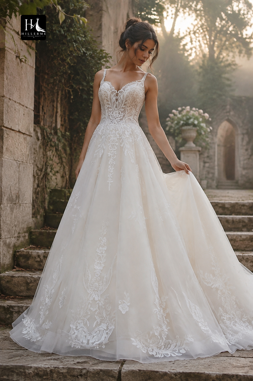Sleeveless V-Neck A-Line Wedding Dress with Beaded Appliqués and Spaghetti Straps