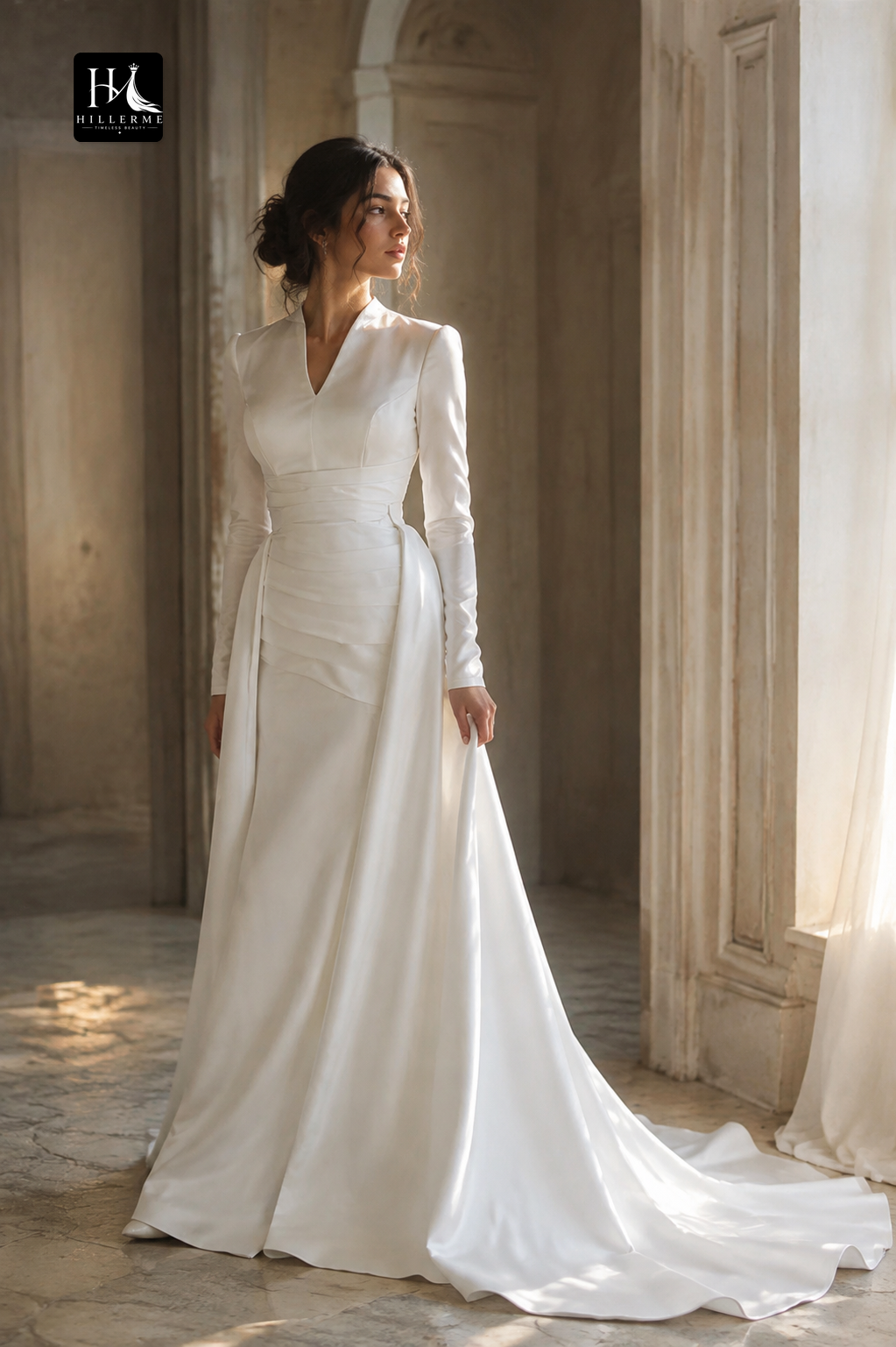 Floor-Length Mermaid Wedding Dress with V-Neck, Long Sleeves, Satin Pleating and Detachable Overskirt