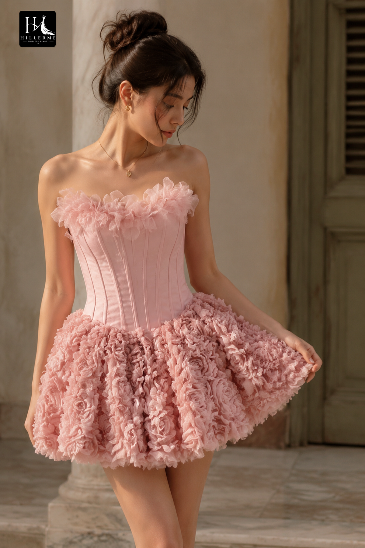 Strapless Corset Mini Dress with 3D Floral Rosette Skirt