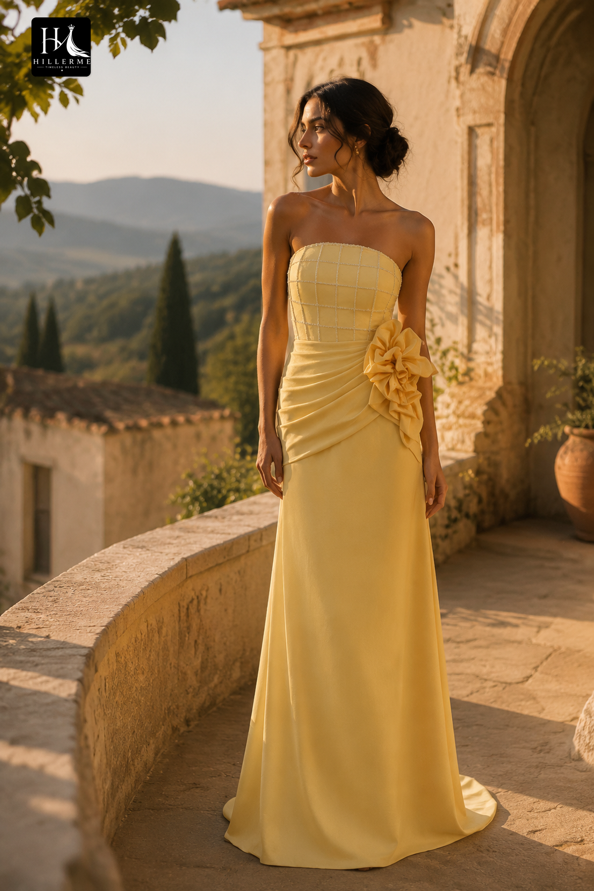 Elegant Strapless Gown with 3D Floral Accent and Pearl Embellishments