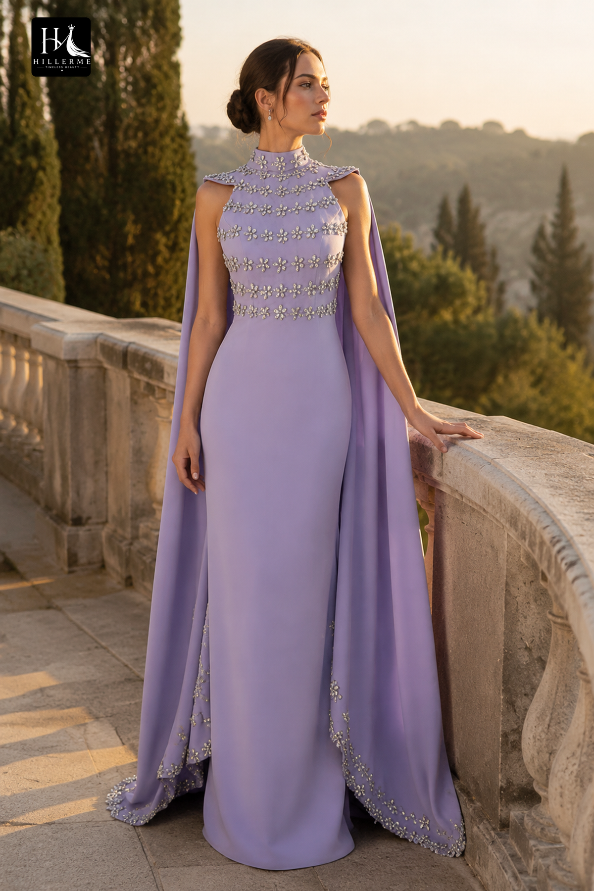 Lavender Beaded Gown with Side Drape and Open V-Back